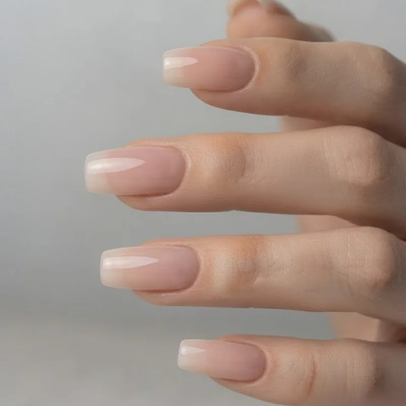 Soft square nail shape close-up showing rounded corners for a British manicure nail trend