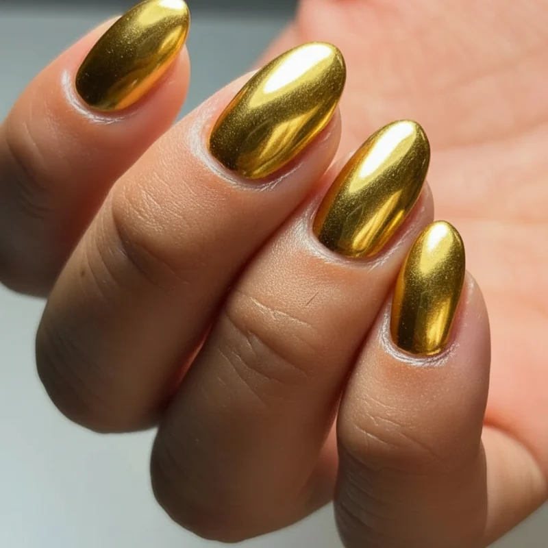 Gold chrome powder mirror finish nails on almond shape with gradient chrome tip for 24K Magic Bruno mars nail art design