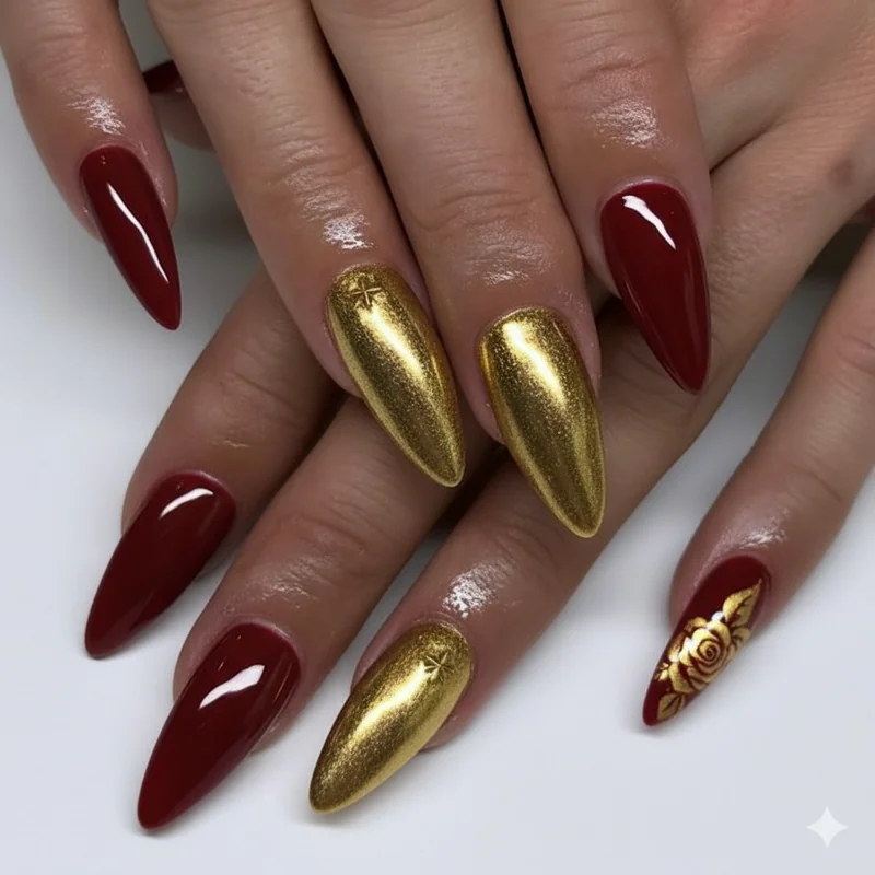 Nail tech reference guide for Bruno mars nails showing almond and oval shapes red French tip gold chrome rose and velvet