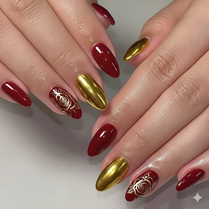 Press-on nail sets for Bruno mars Romantic Tour concert showing red French tip gold chrome and rose motif gel finish sets