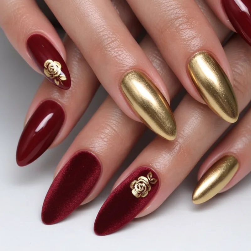 Romantic tour nail aesthetic showing three era references red rose motif gold chrome and velvet burgundy for The Romantic