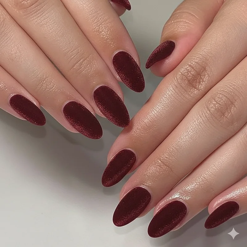 Velvet finish burgundy gel nails on oval shape with deep suede-like texture and rich colour for Silk Sonic Bruno mars art