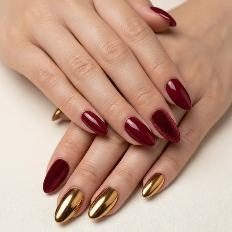 Bruno mars nails comparison showing glossy cherry red gold chrome and deep velvet burgundy era finishes on almond shapes