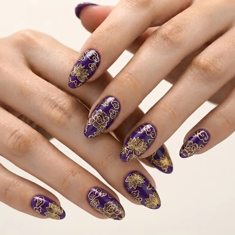 Purple and gold filigree Arirang nail set inspired by Korean court embroidery, editorial manicure
