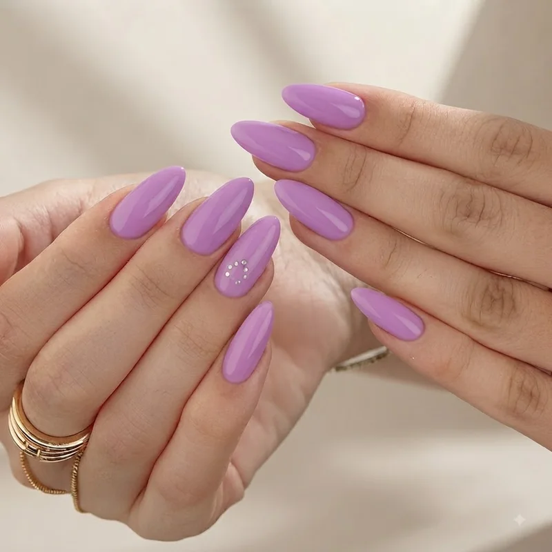 Arirang comeback nail set with purple gold tones and traditional Korean motif accent