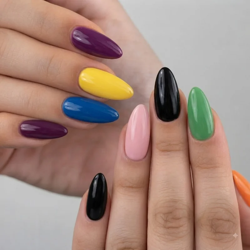 BTS member colour coded nail set with all seven member colours across fingers