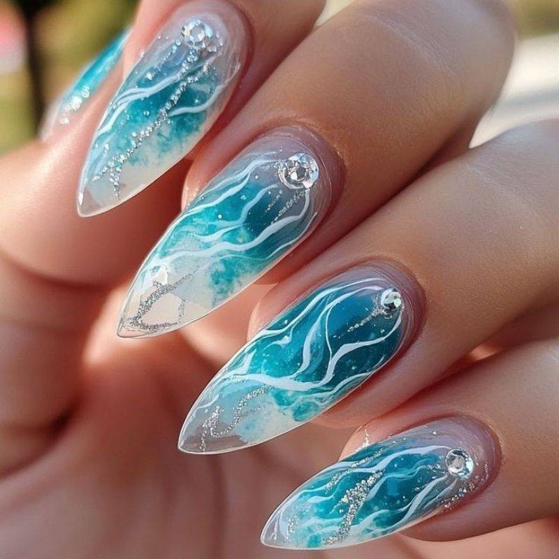 Tropical vacation nails with turquoise and coral tropical beach nail art