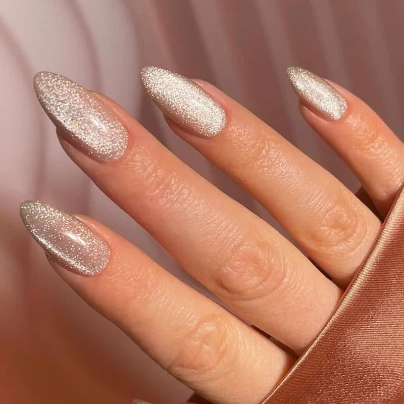 Champagne shard glitter Christmas nails holographic geometric modern elegant holiday manicure festive sparkle 2025