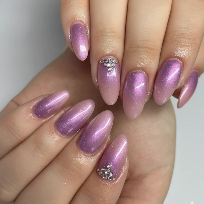 Concert-ready fan-friendly Chappell Roan inspired nails showing chrome almond extensions rhinestone accents and jewel-toned aura gel wearable versions