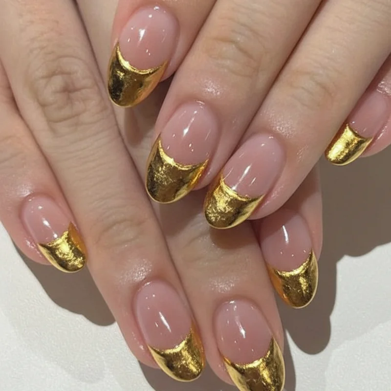 Gilded French chrome manicure with medieval ornamental gold tips using DND gel polish by Rachel Sun at 2026 Grammy Awards red carpet