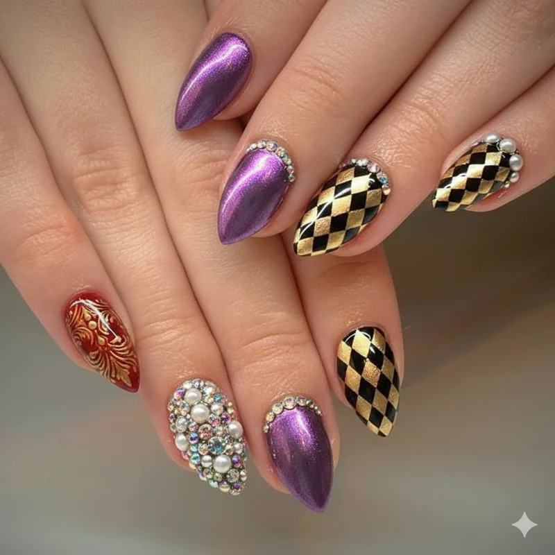 Theatrical maximalist nail art with drag-inspired camp aesthetic showing rhinestone embellishment and chrome powder techniques for bold sets