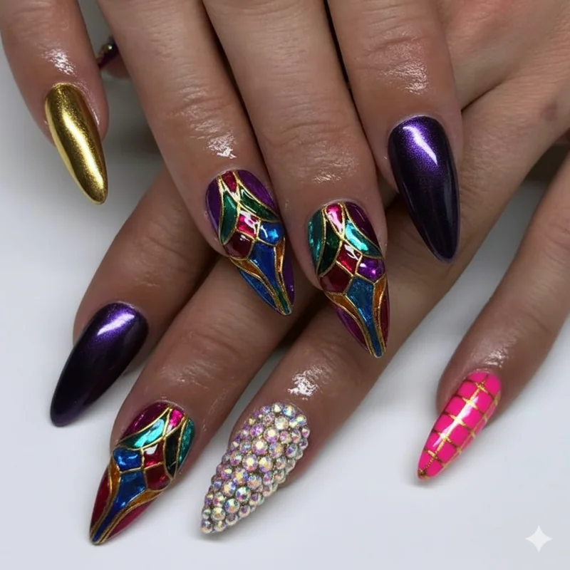 Nail tech brief for Chappell Roan inspired salon appointment showing mood board with medieval chrome rhinestone and aura reference images
