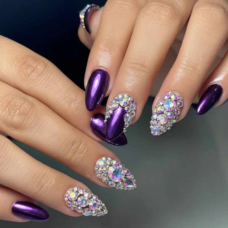 Pink Pony Grammy performance nails with purple chrome powder over Birnam Wood gel base and iridescent stone embellishments by Juan Alvear