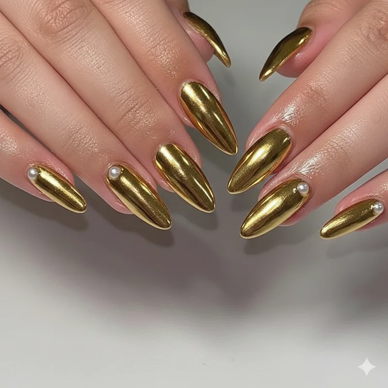 Sword nails using stacked Aprés Nail tip technique with gold and silver chrome finish and pearl accent at nail base Renaissance-inspired