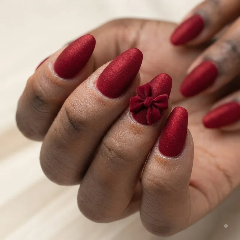 Bold red velvet finish almond christmas nails with 3D bow accent nail party ready glam