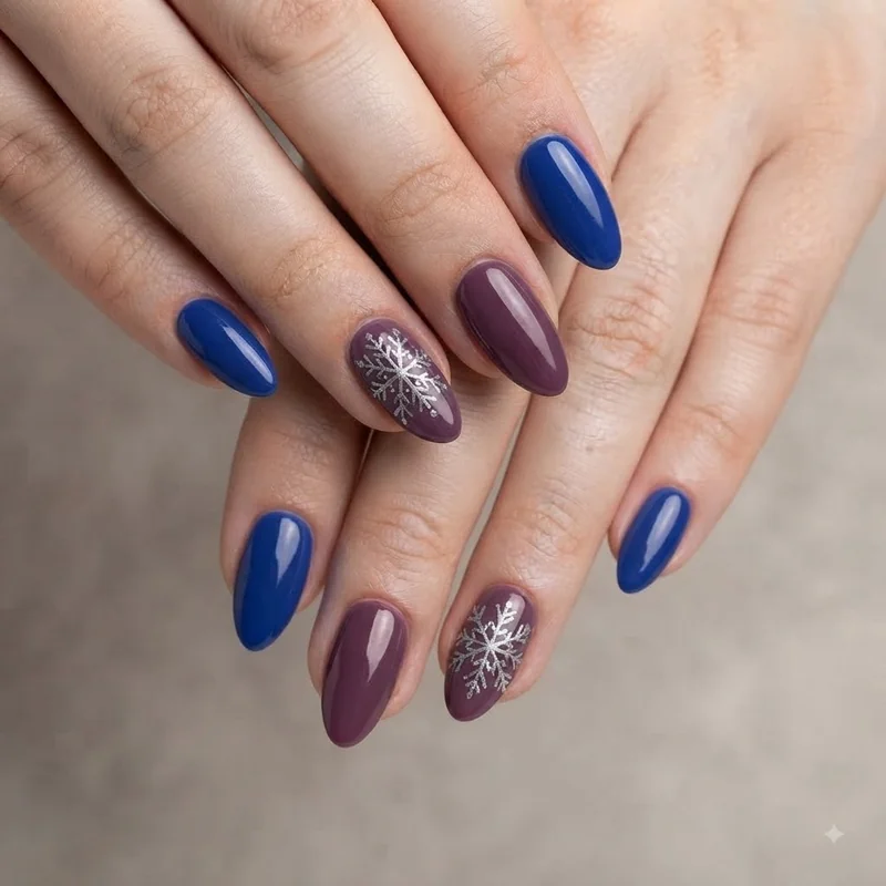 Cobalt blue and plum almond christmas nails with silver snowflake nail art alternative palette