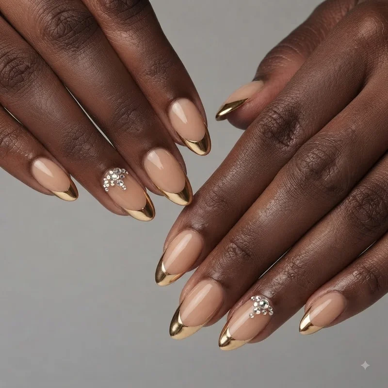 Long almond christmas nails with dramatic gold chrome tips and rhinestone accent details