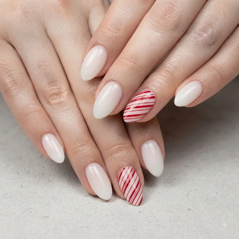 Medium almond christmas nails milky white base with candy cane stripe accent design