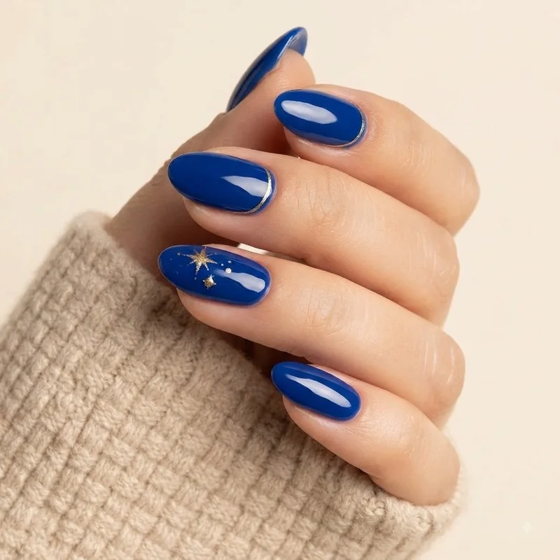 Blue christmas nails paired with gold metallic accents in a finished holiday manicure look