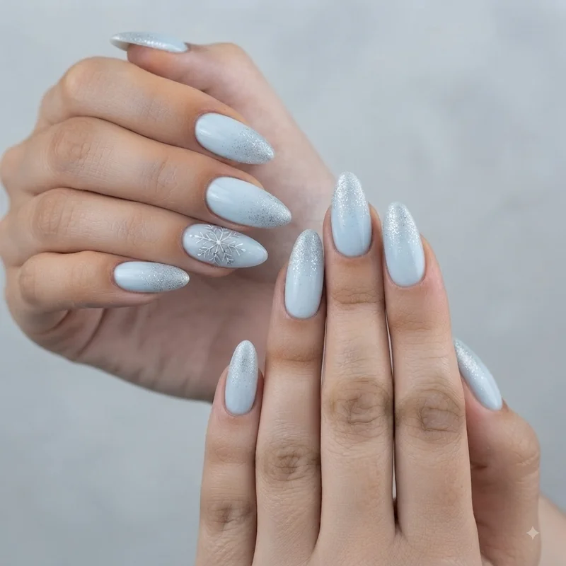 Icy and pastel blue christmas nails with snowflake detail and soft silver ombre fade finish