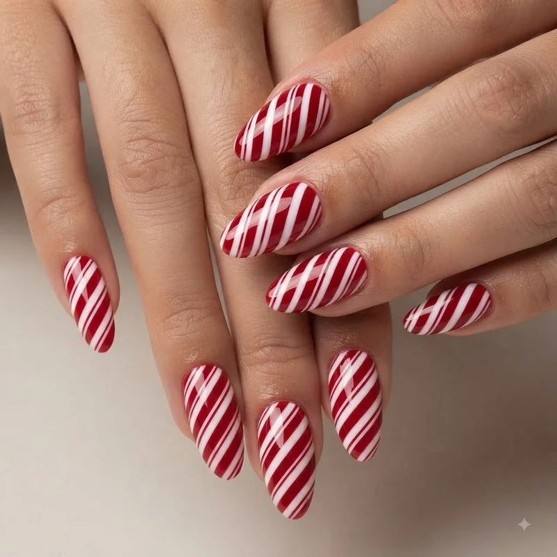 Classic candy cane nail designs with red and white diagonal stripes on almond shape nails