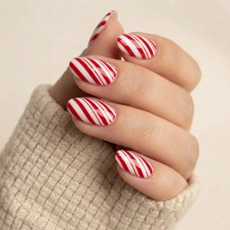 DIY candy cane nail designs using striping tape technique for a clean diagonal line