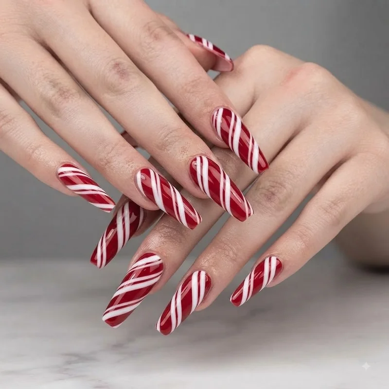 Candy cane nail designs on long coffin and stiletto nails with bold glossy diagonal stripes