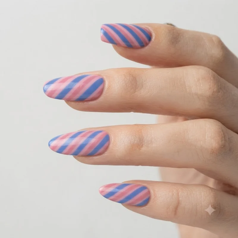 Non-traditional candy cane nail designs in pink and blue stripe variations on square nails