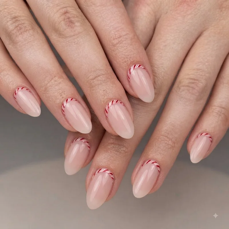 Candy cane French tip nail design with sheer pink base and reverse French striped detail