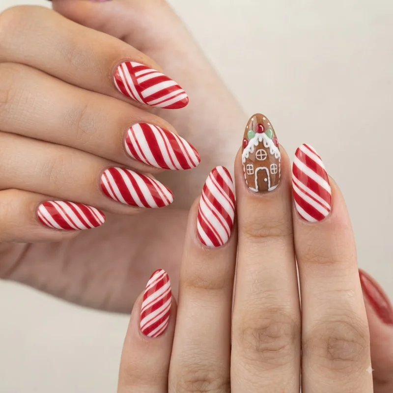 Gingerbread house accent nail paired with candy cane stripe variation design