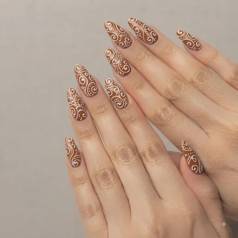 Gingerbread nail art with warm brown base and white icing swirl on almond shape nails