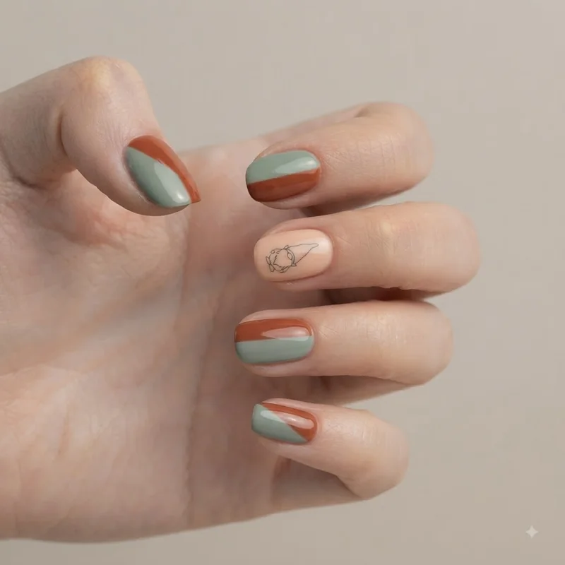 Gnome silhouette accent nail in sage green and rust minimalist holiday design