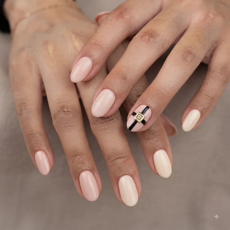 Pinkmas pastel santa belt accent nail in blush and cream holiday color palette