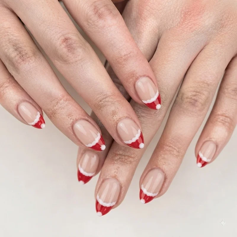 Santa hat french tip design in red and white on almond and stiletto shape nails