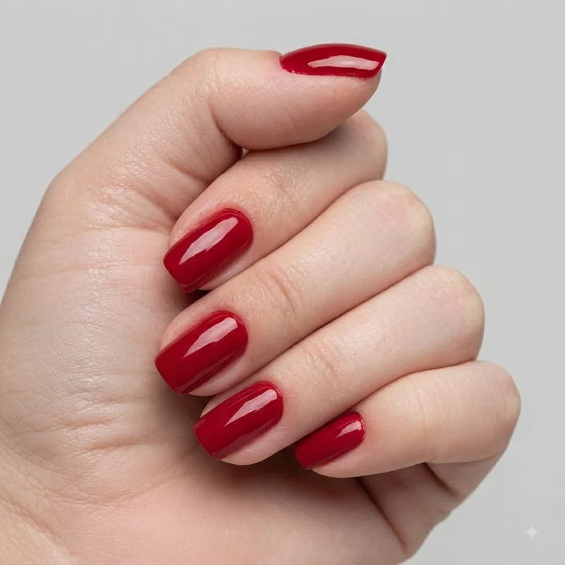 Blue-based red christmas nail colors for skin tone on fair cool-toned hands with glossy festive finish