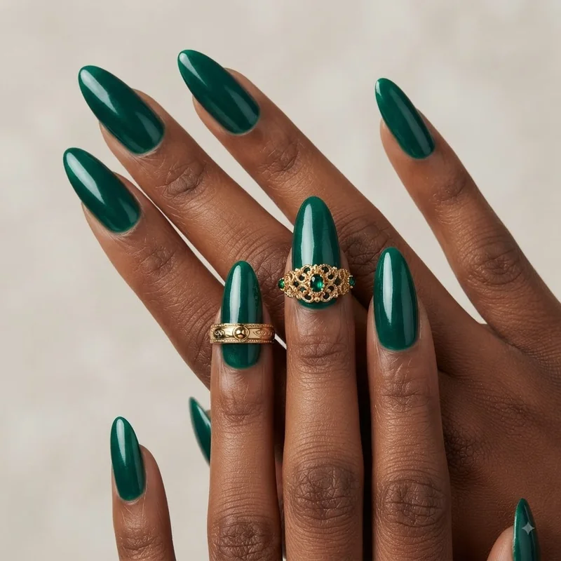 Jewel tone gold metallic christmas nail colors for skin tone on deep skin with rich festive finish