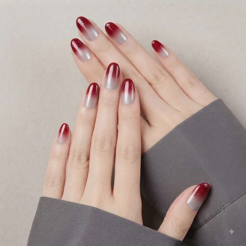 Soft icy silver christmas nail colors for skin tone on fair skin with glossy festive finish detail
