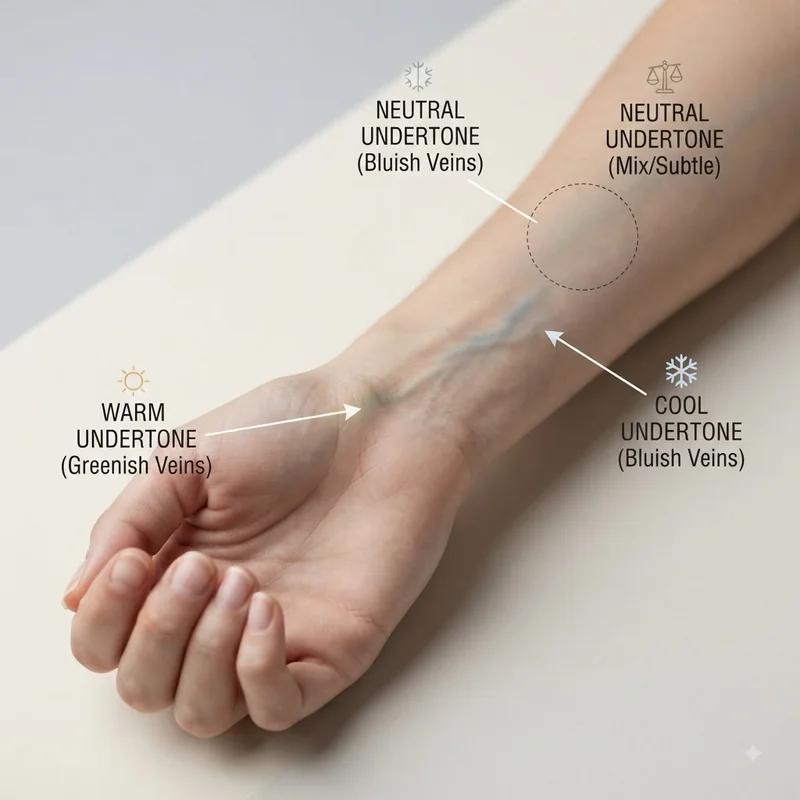 Infographic showing warm, cool, and neutral undertone categories with the vein test method explained