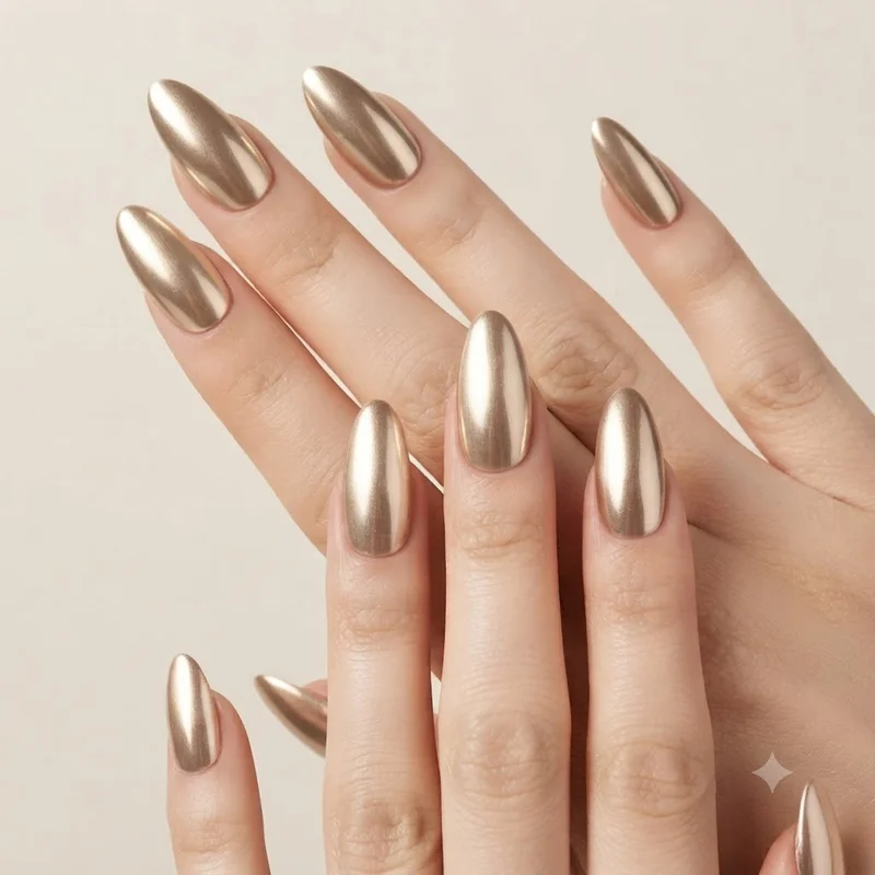 Champagne gold Christmas manicure with shimmer finish for holiday styling