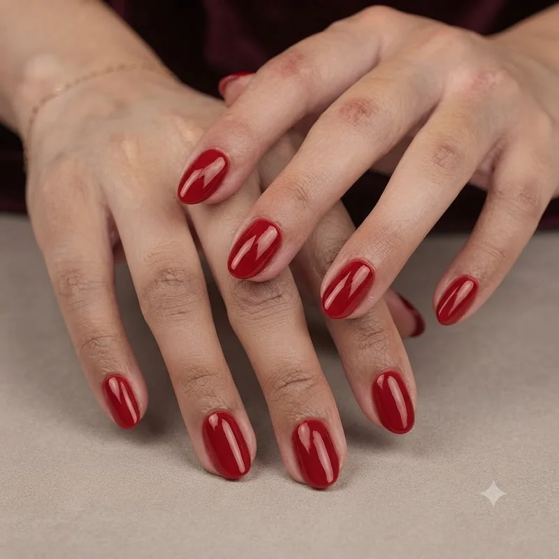 Classic red Christmas manicure with a cream finish styled for a holiday party