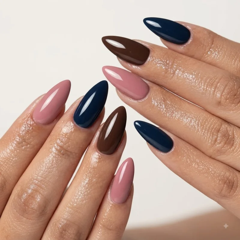 Non traditional pink navy Christmas manicure styled as festive holiday option
