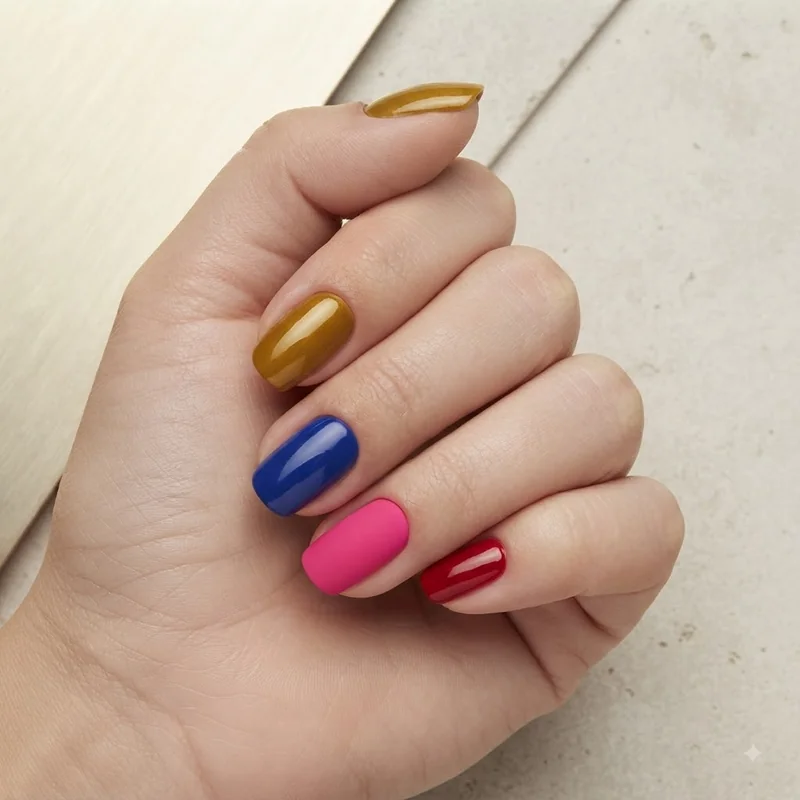 Flat lay spread of red, gold, blue, and pink christmas nails showing color range beyond traditional shades
