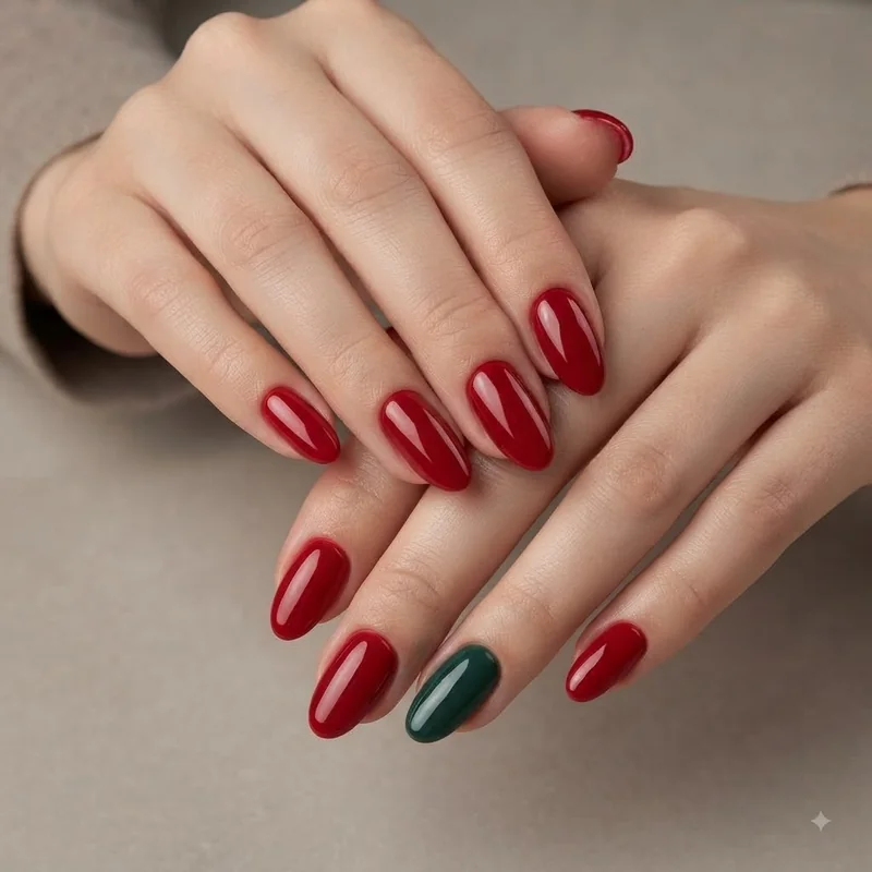 Classic red christmas nails with a glossy cherry finish and single green accent nail detail