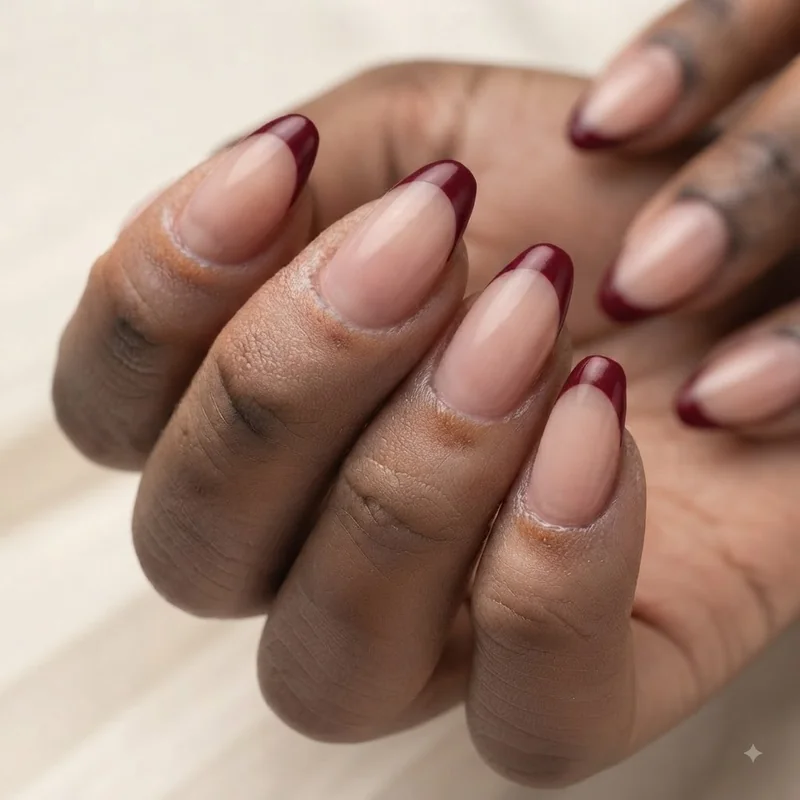 Classy work-appropriate christmas nails in deep red with understated french tip finish