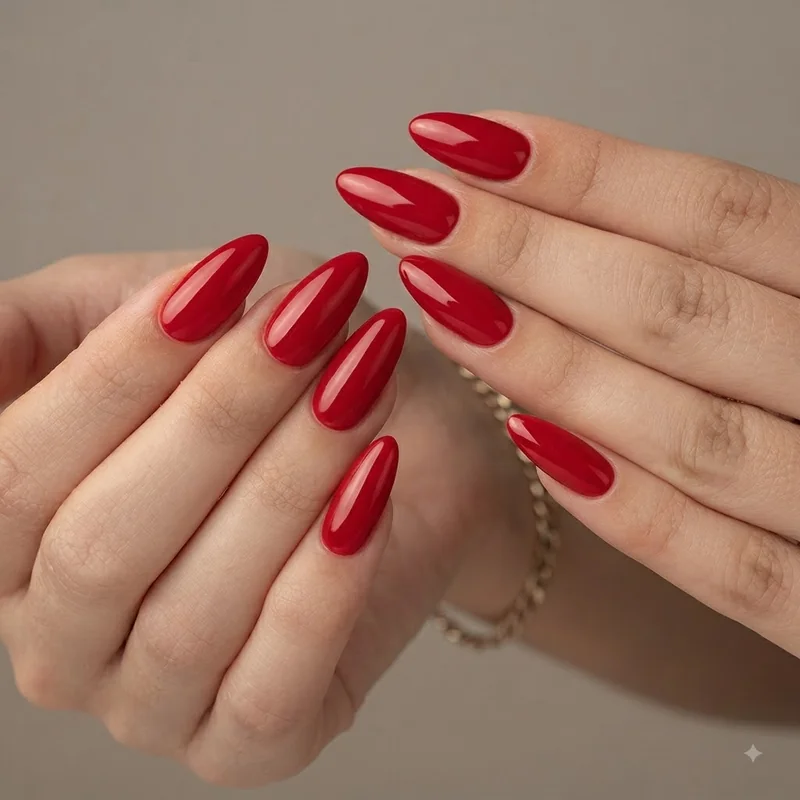 Close-up of glossy finished christmas nails gel manicure showing long-lasting shine and durability
