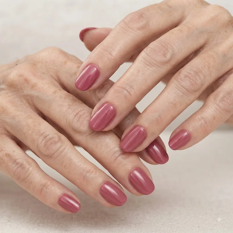 Oval squoval shaped short to medium Christmas manicure showing flattering silhouette on mature hands