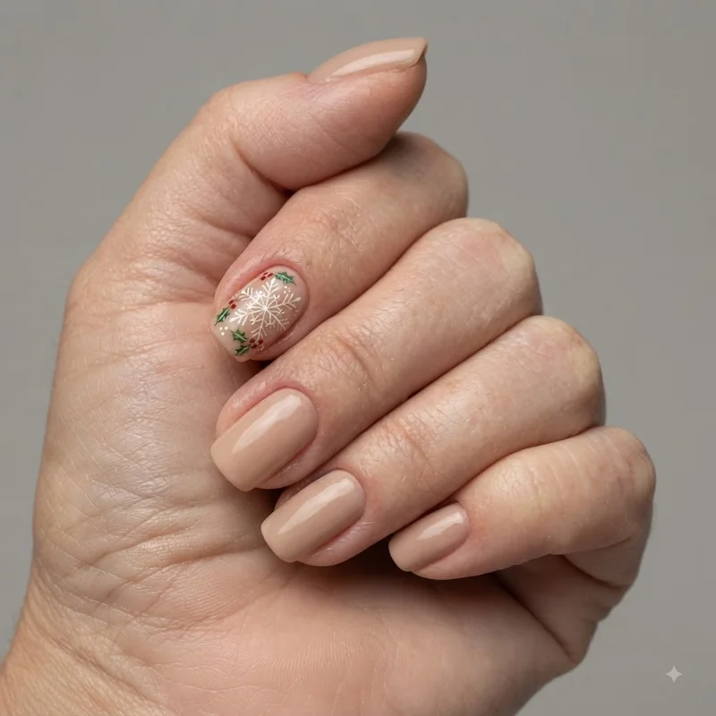 Single accent nail with delicate snowflake holly detail on neutral Christmas manicure set
