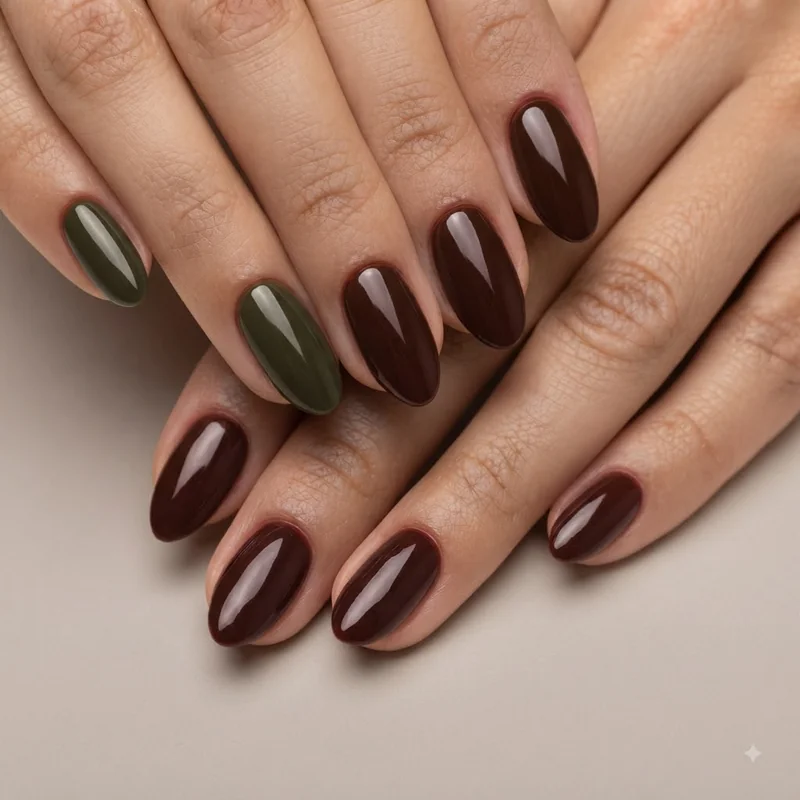 Glossy chocolate brown manicure with olive green accent nail as an understated christmas nail color