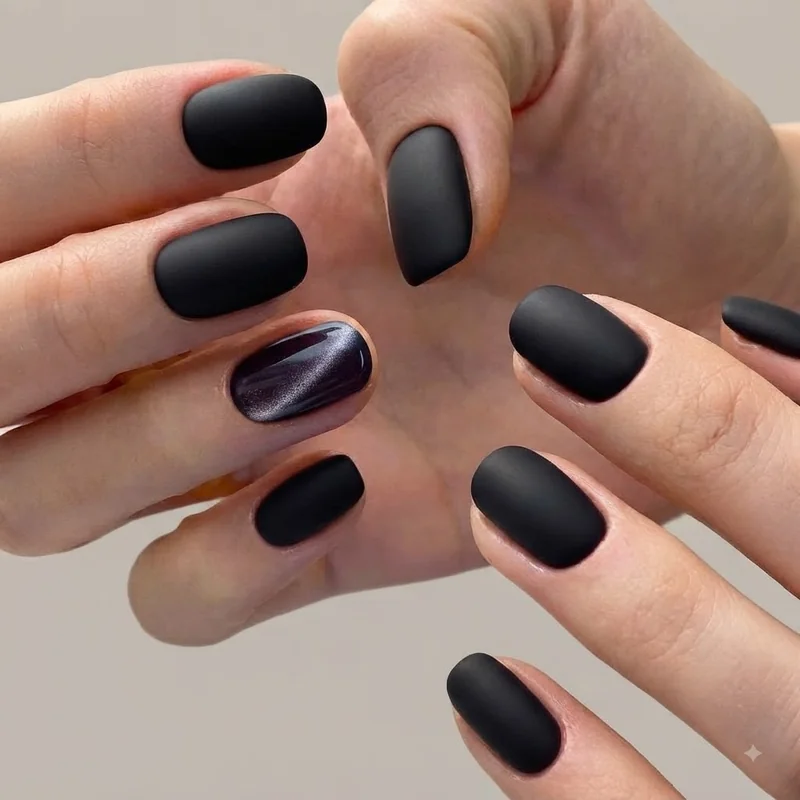 Matte black manicure with cat-eye gel accent nail styled as a modern non-red christmas nail look