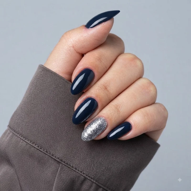 Midnight navy manicure with silver glitter accent nail as a cool-toned christmas nail color